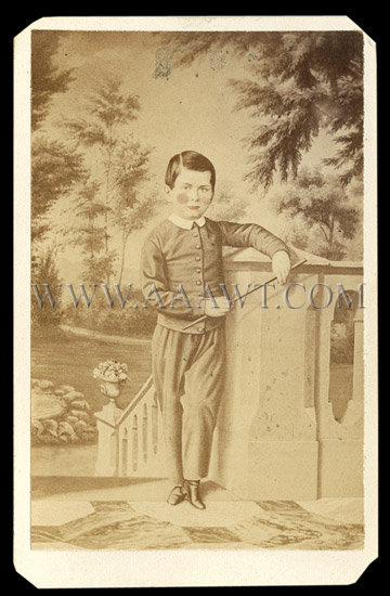 Folk Portrait
Standing Little Boy at Top of a Stairway
In an Exterior Landscape
American
Circa 1860
Depicted in a Carte de Viste
Circa 1875, entire view